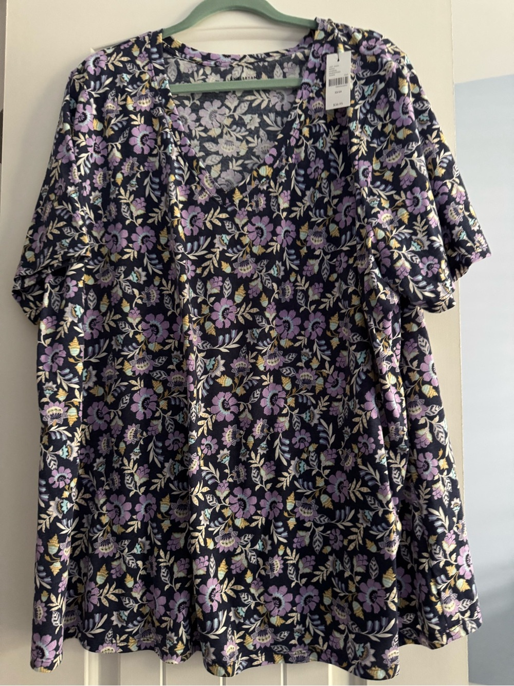 Lane Bryant Navy Floral V-Neck Tunic with Purple Blooms “Perfect Sleeve”